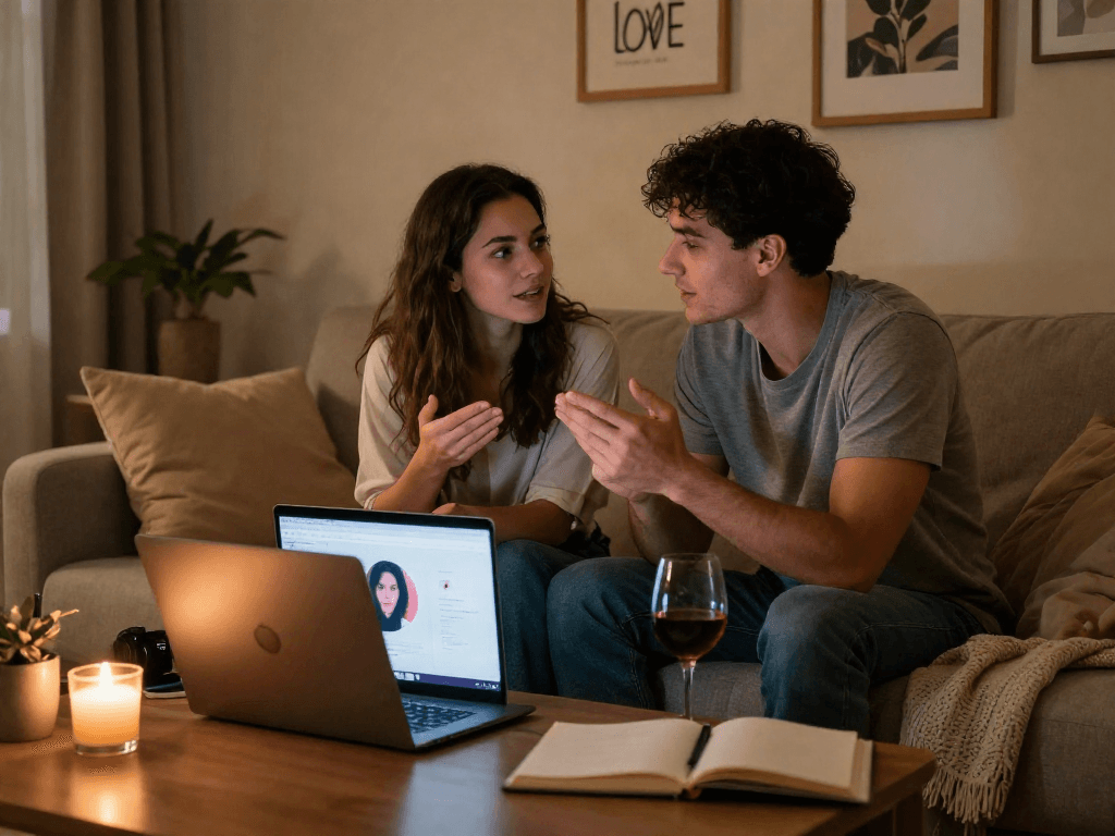 Couple discussing sex AI in a cozy setting, showcasing modern intimacy.