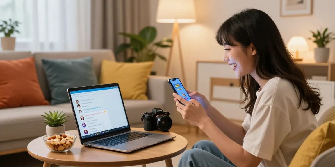 Dynamic virtual interaction with spicy chat AI characters in a cozy home setting, showcasing a joyful user.