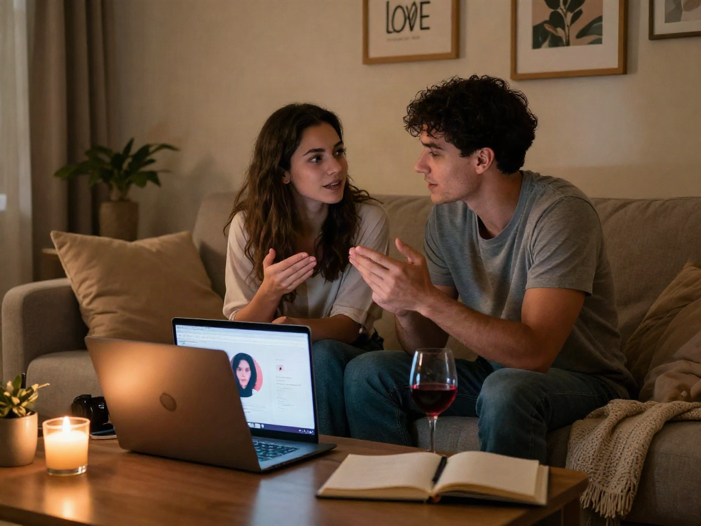 Couple discussing sex AI in a cozy setting, showcasing modern intimacy.
