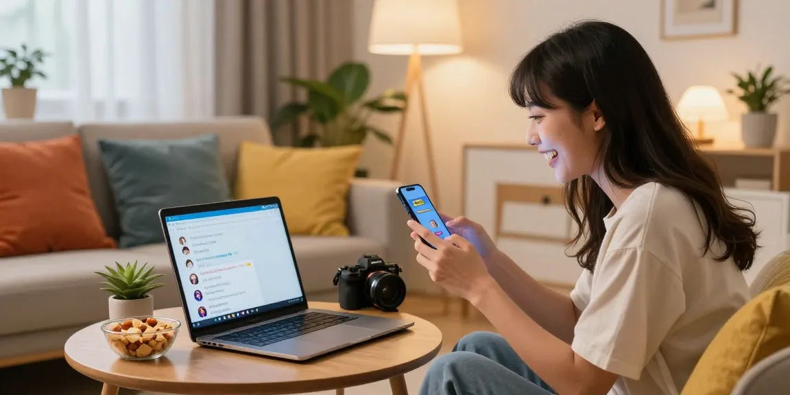 Dynamic virtual interaction with spicy chat AI characters in a cozy home setting, showcasing a joyful user.