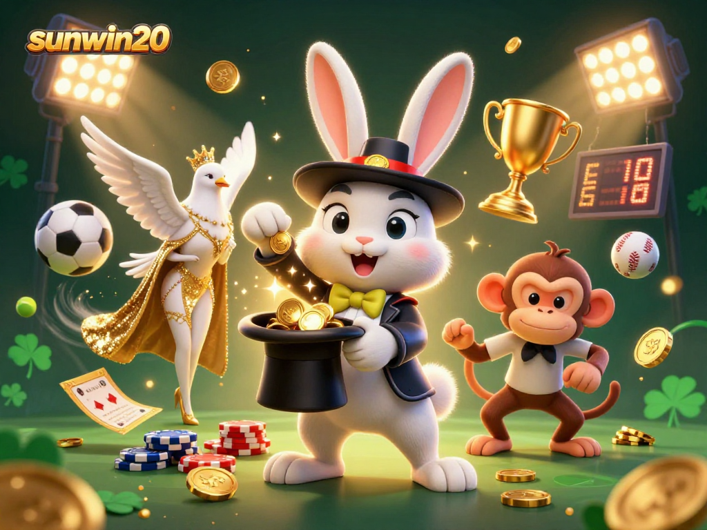 Sunwin20 highlights the magician rabbit, dove, and monkey in a vibrant casino scene.