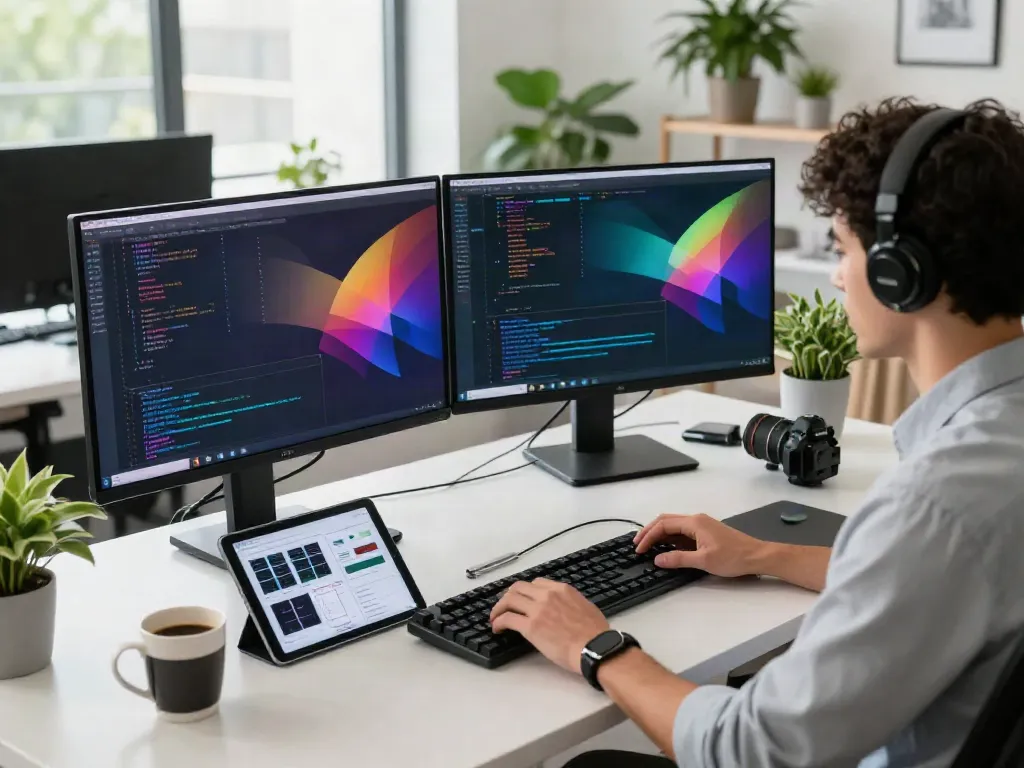 Software developer coding on dual monitors, discussing instant indexing tools.
