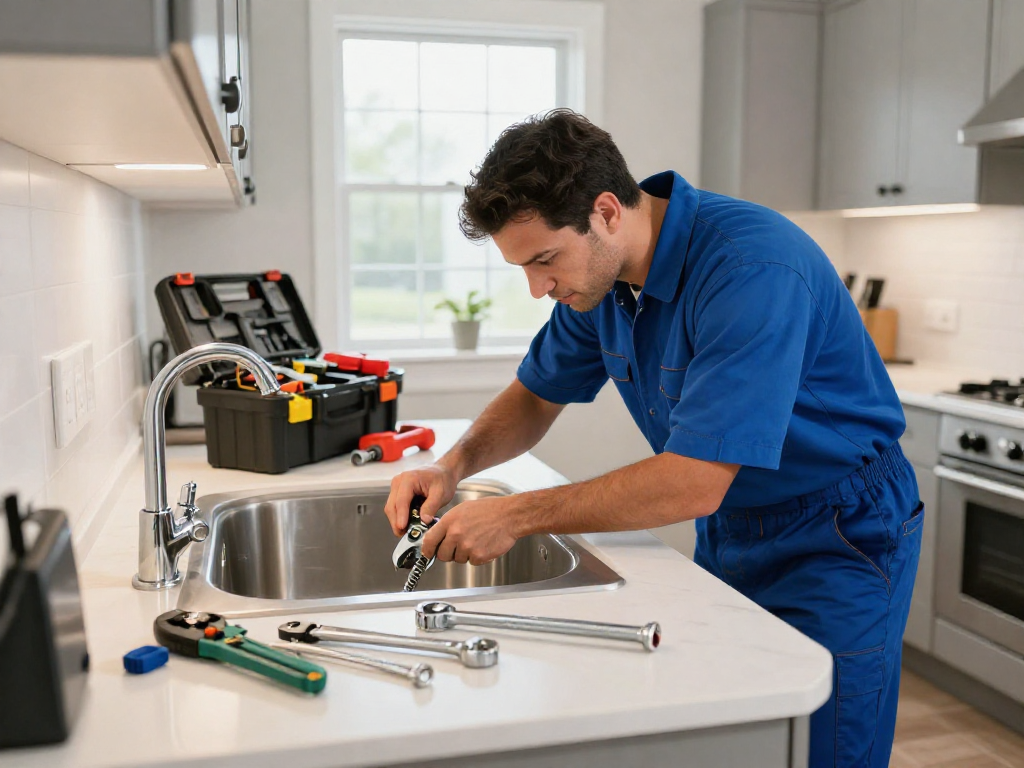 Plumbing technician providing rooter service Fort Worth in a modern kitchen during repairs.