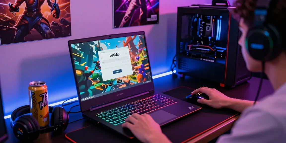 rokok88 login process on a gaming laptop with RGB lights and vibrant graphics in a gaming setup.