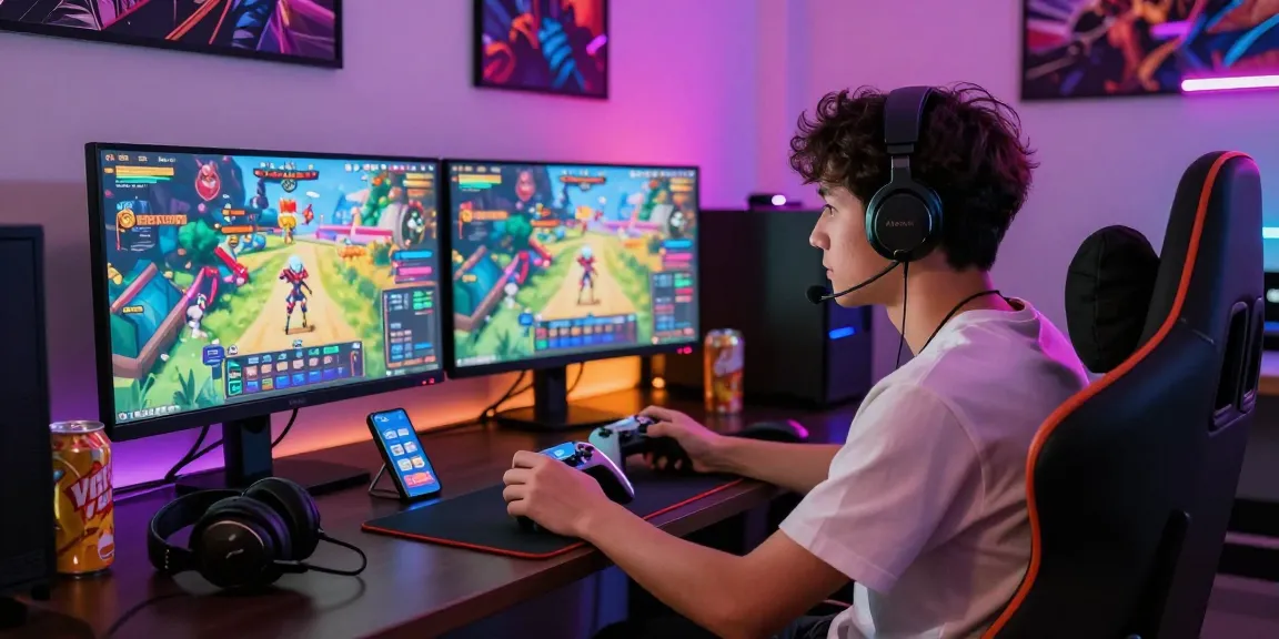 Engaging gamer enjoying a mobile porn game in a vibrant gaming lounge