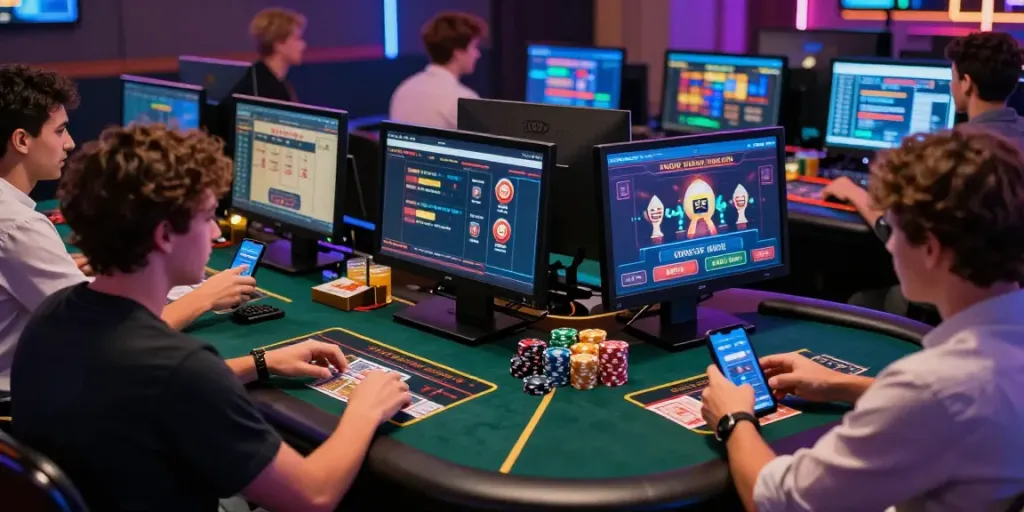 Diverse players enjoying online credit card casinos in a vibrant gaming environment.