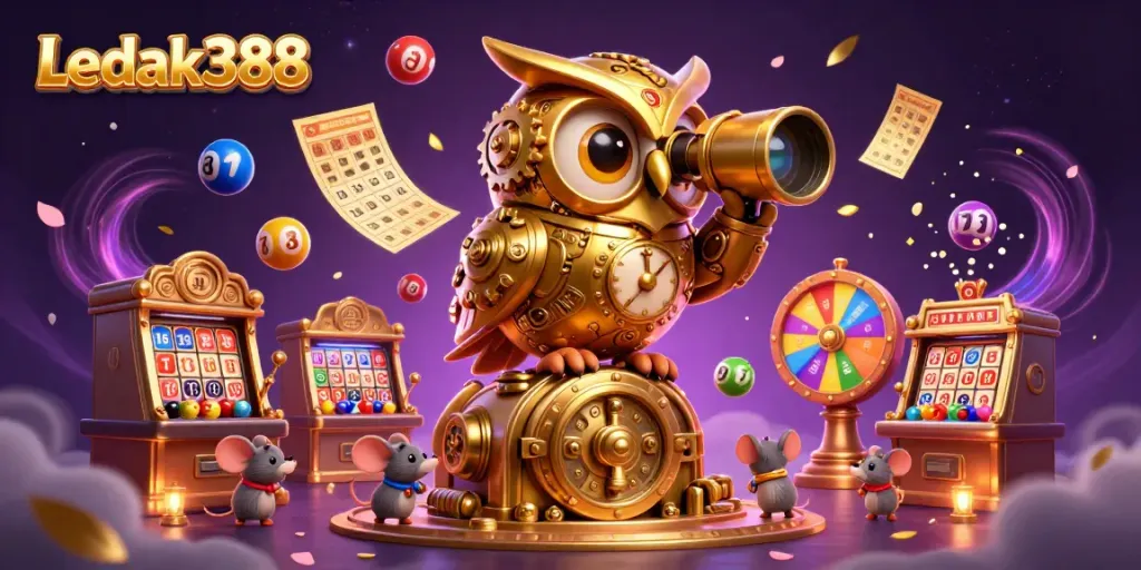 Engage with Ledak388 in a vibrant, action-packed casino scene filled with golden owls and dynamic slot gameplay elements.
