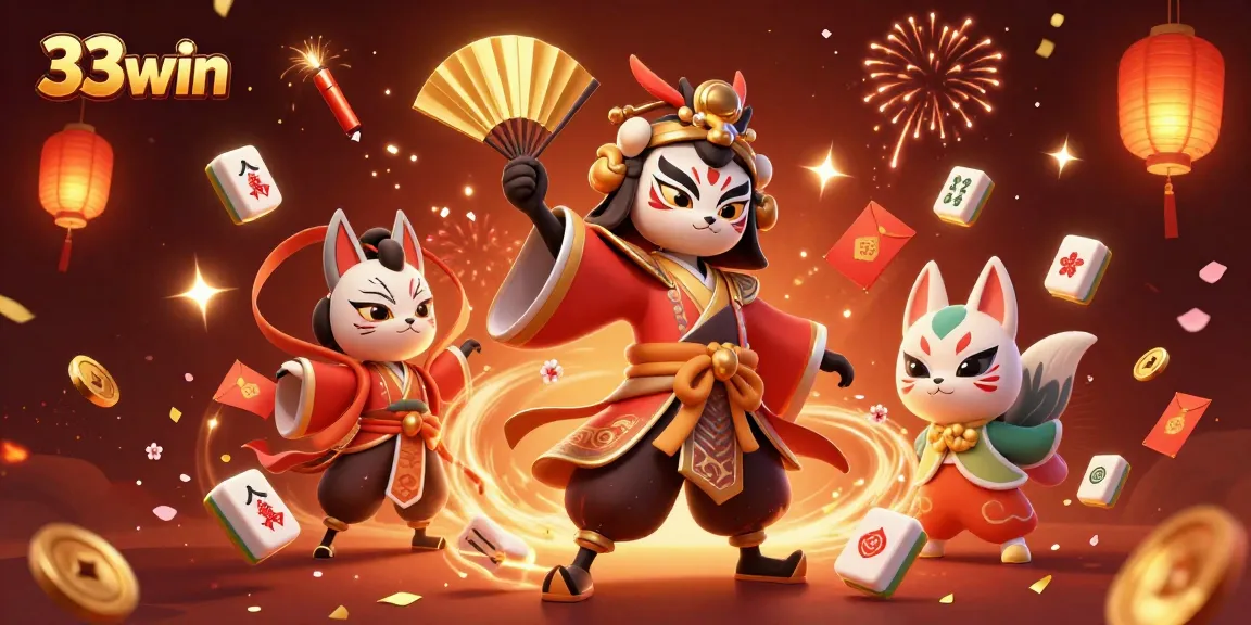 33win showcases vibrant casino illustration featuring kabuki warrior and lucky gaming symbols.