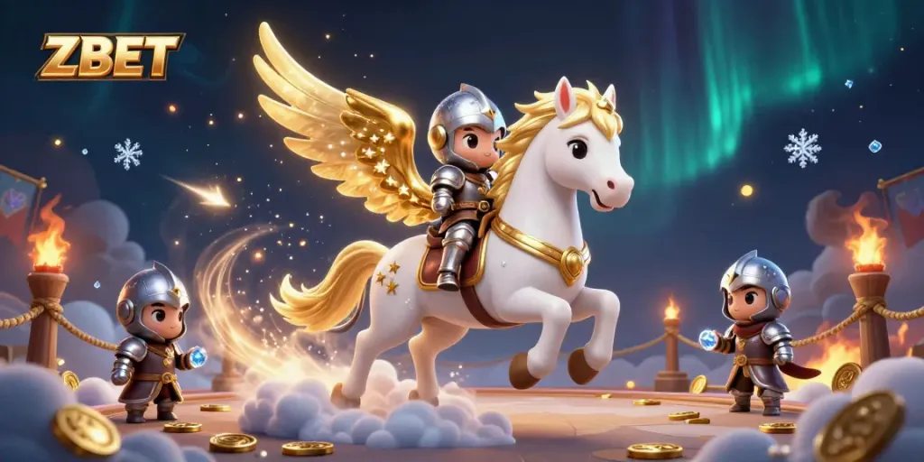 ZBET brings excitement with a celestial horse, knight, and dynamic casino elements in a rich 3D illustration.