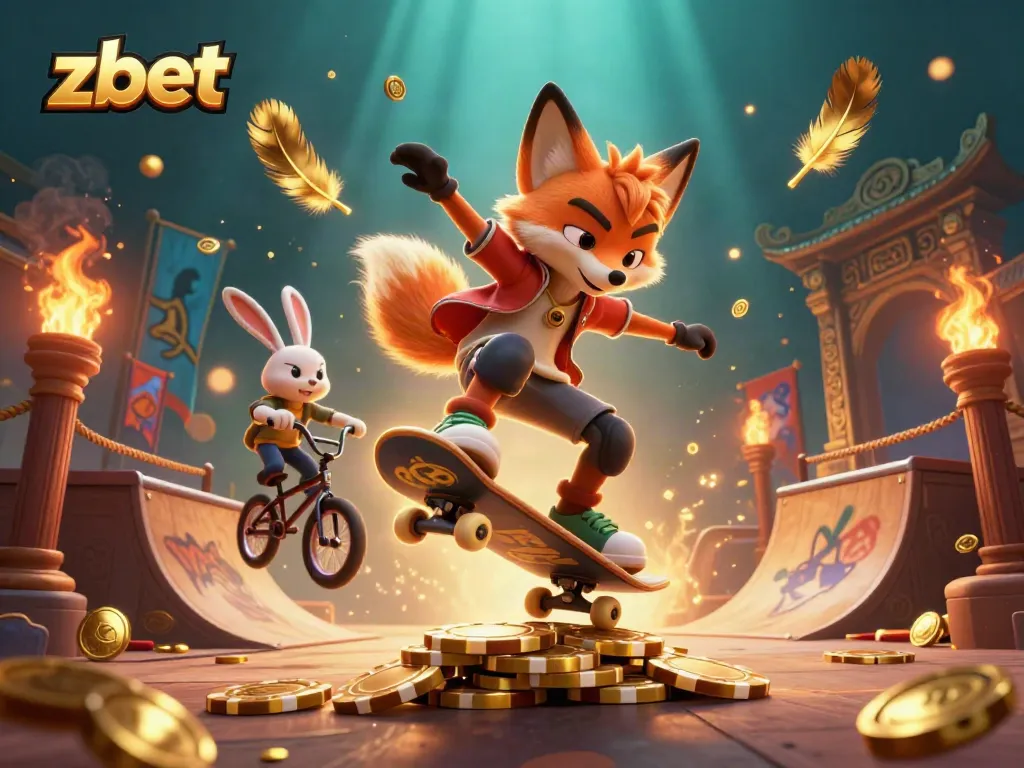 Experience thrilling gaming at zbet with animated fox and rabbit in a vibrant casino-themed illustration.