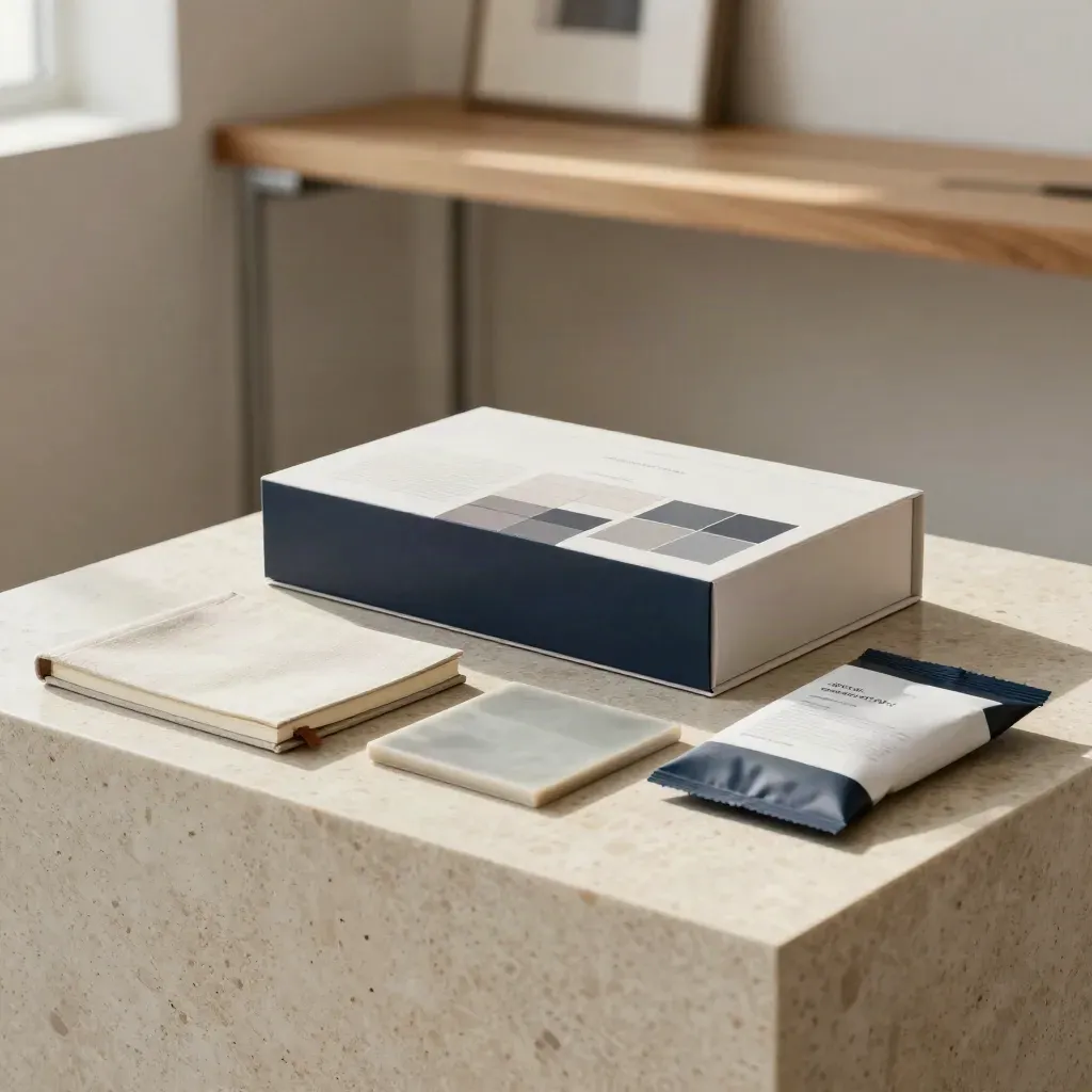 Brand and website bundle in a travertine studio with a partly open presentation box.
