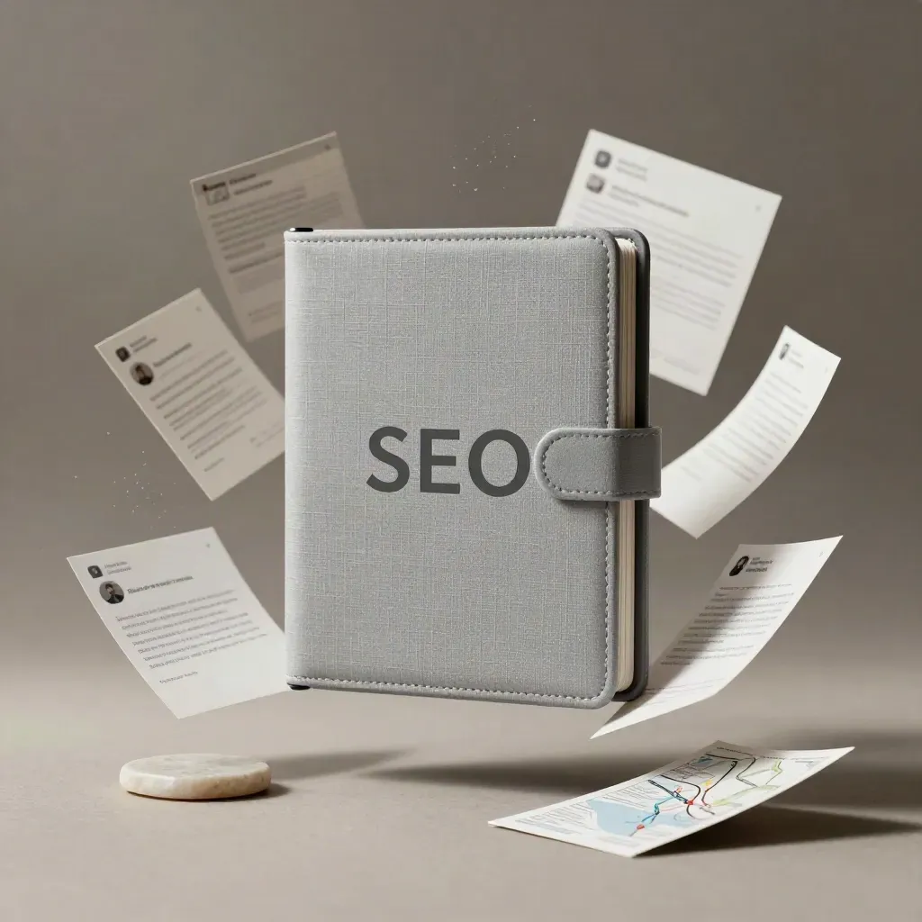 Floating SEO dossier box with map-marker cards, review slips, stone coaster and route guide