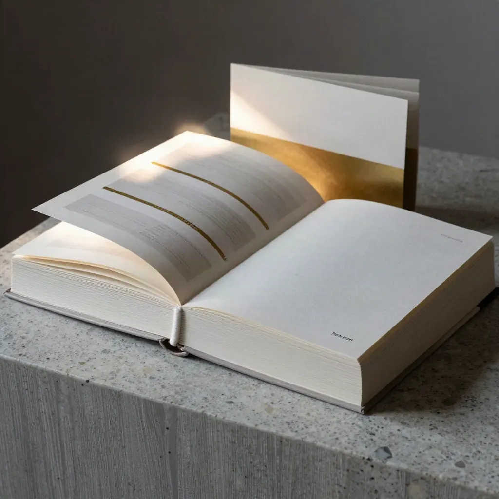 Landing page mockup book with page cards, sample block and sleeve on a travertine plinth.