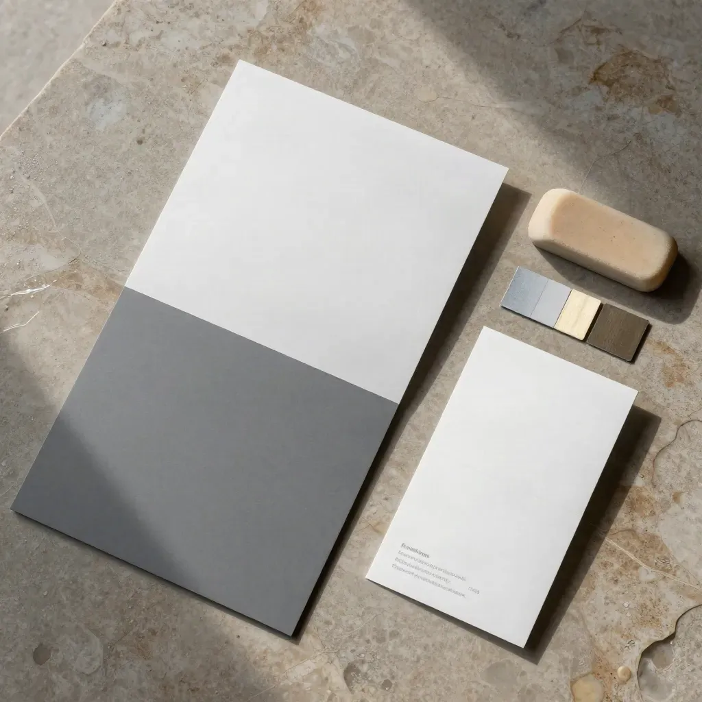 Overhead flatlay of blank logo boards, swatches, tracing sheet and eraser on wet stone.