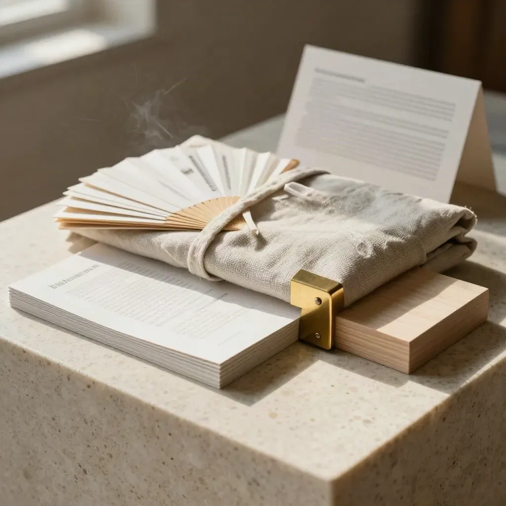 Travertine print kit with brochure stack, proofs, linen wrap, brass corner, and wood block