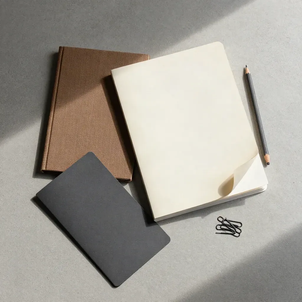 Overhead copy-tune-up flatlay with edit sheets, notebook, pencil, clips and sleeve on pale concrete