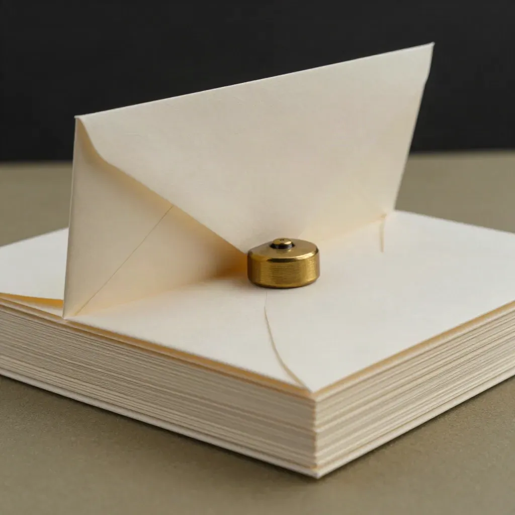 Macro of a pale envelope stack in a translucent sleeve with a brass weight on a khaki surface.