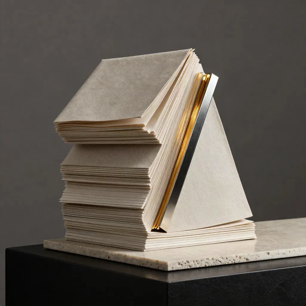 Leaning brand sprint package with linen sleeve and metallic edge on a dark studio plinth