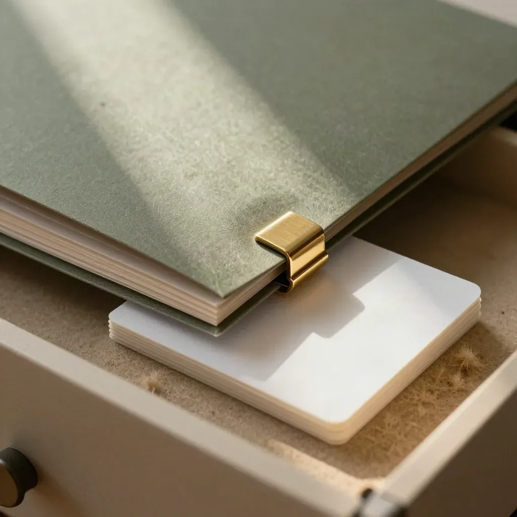 Macro of archival sleeve, translucent pouch, blank cards and gold clip in a premium file pack.