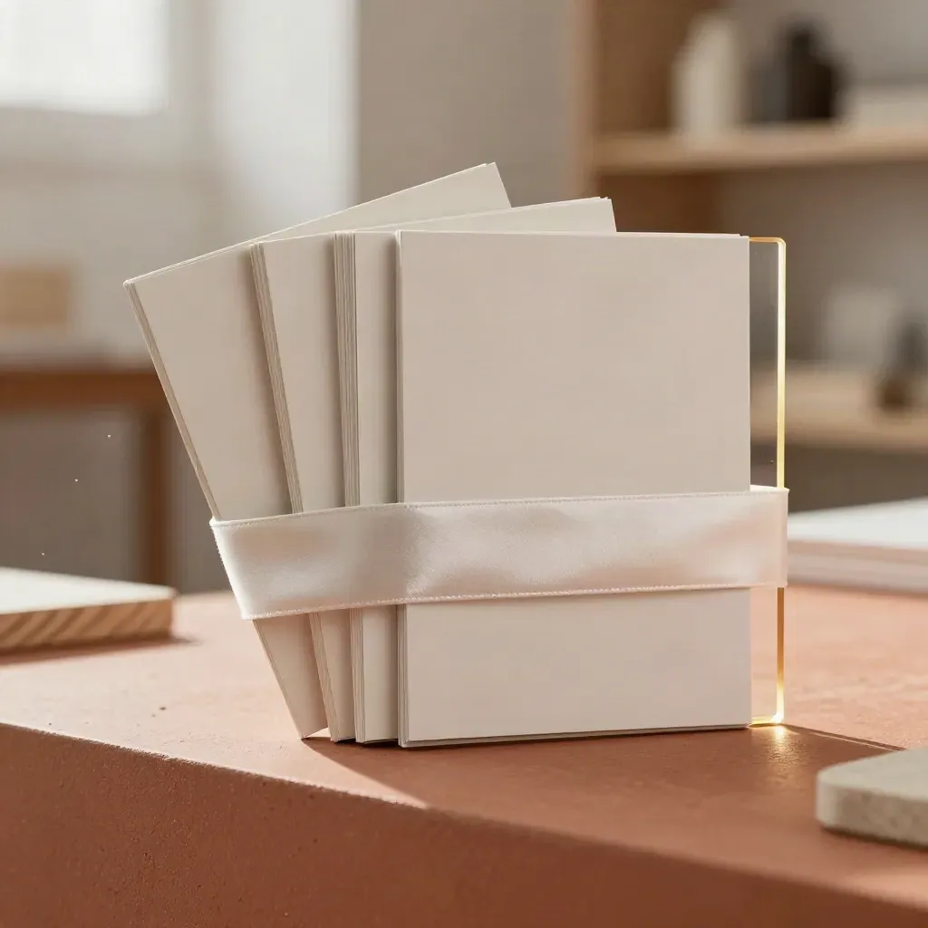 Three blank ad cards with acetate divider on a terracotta plinth, cinematic studio product hero.