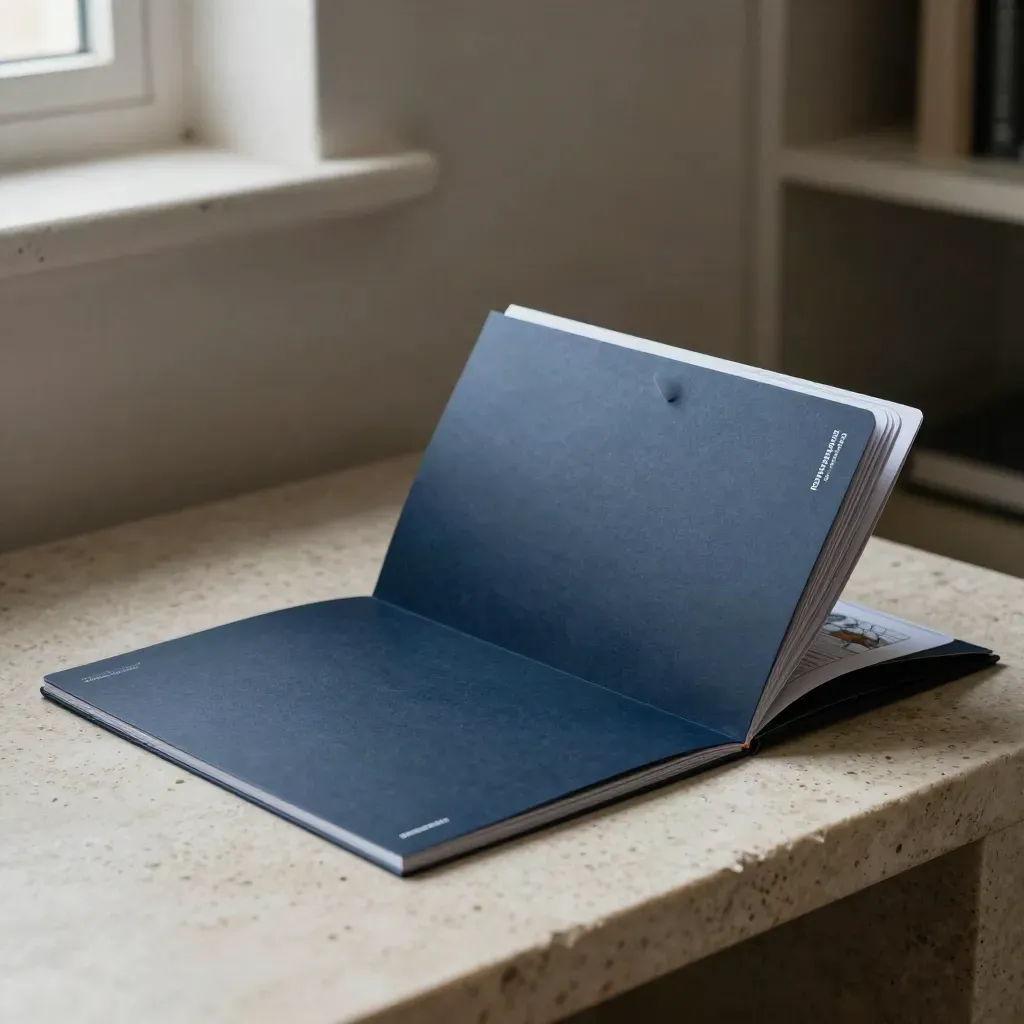 Unbranded local SEO care folder set mid-unfold on travertine with soft studio haze.