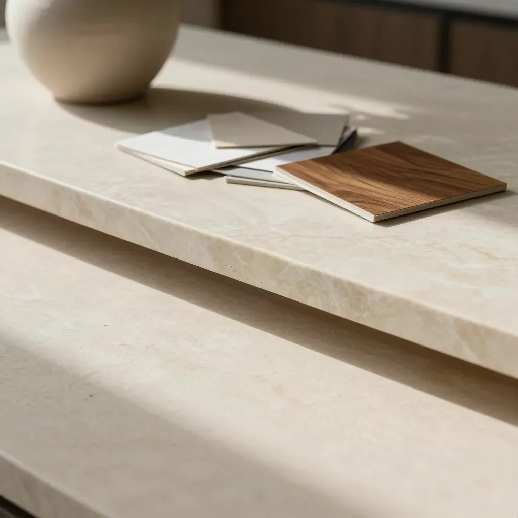 Marble surface with stone edge, clay vessel, and neutral brand strategy materials in soft sunlight.