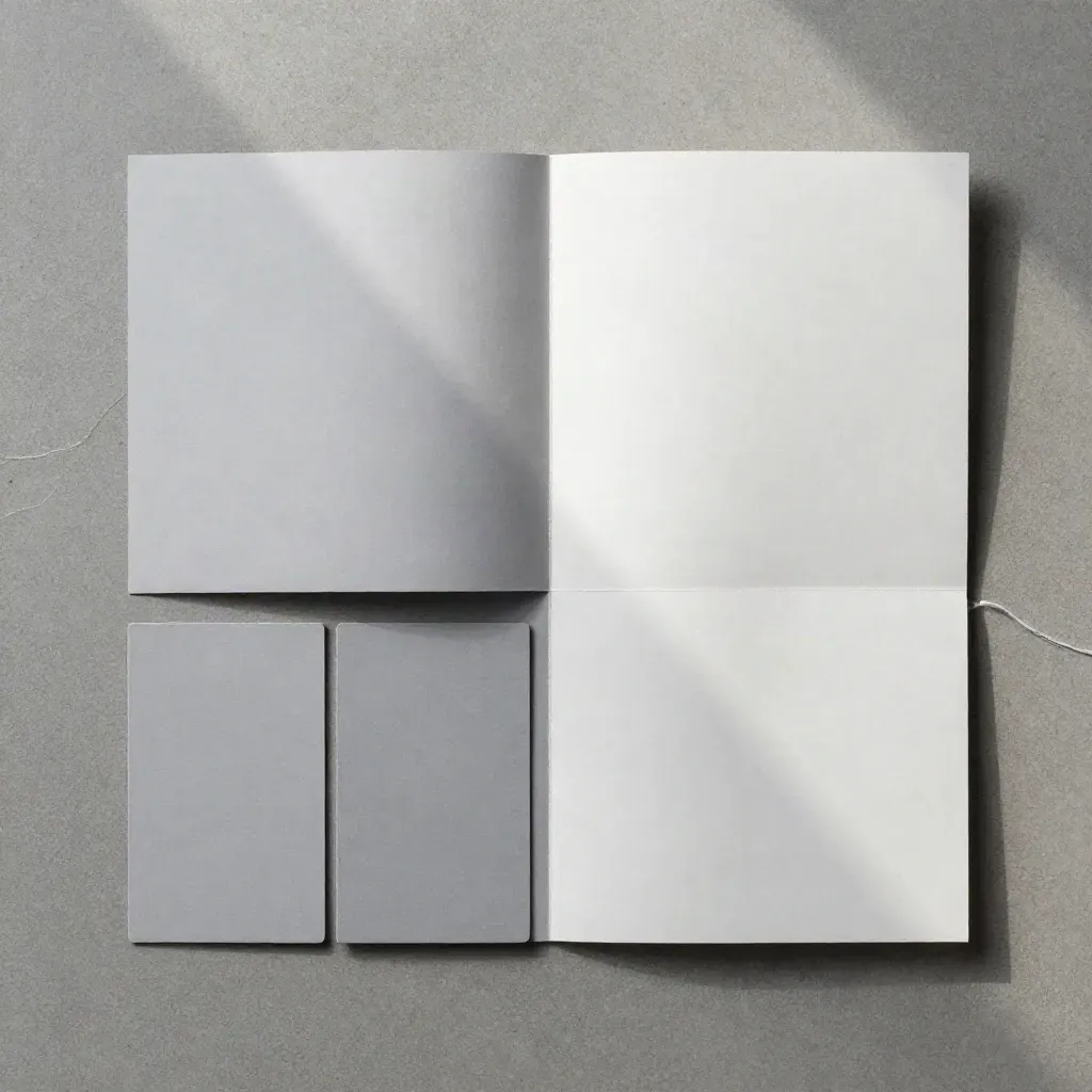 Overhead flatlay of a folded page, sleeve and two reference cards on concrete