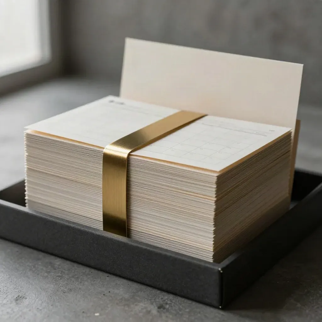 Stack of monthly content plan cards with a gold band on a charcoal shelf.