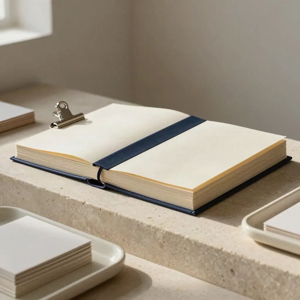 Neutral campaign kit with binder, cards, clip and tray on a limestone plinth.