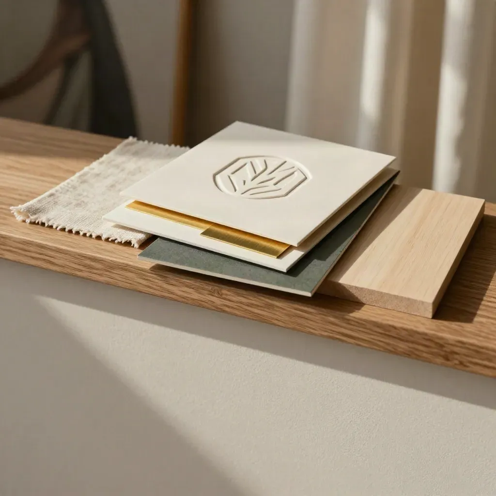 Sunlit logo proof materials on a pale wooden shelf in a studio corner