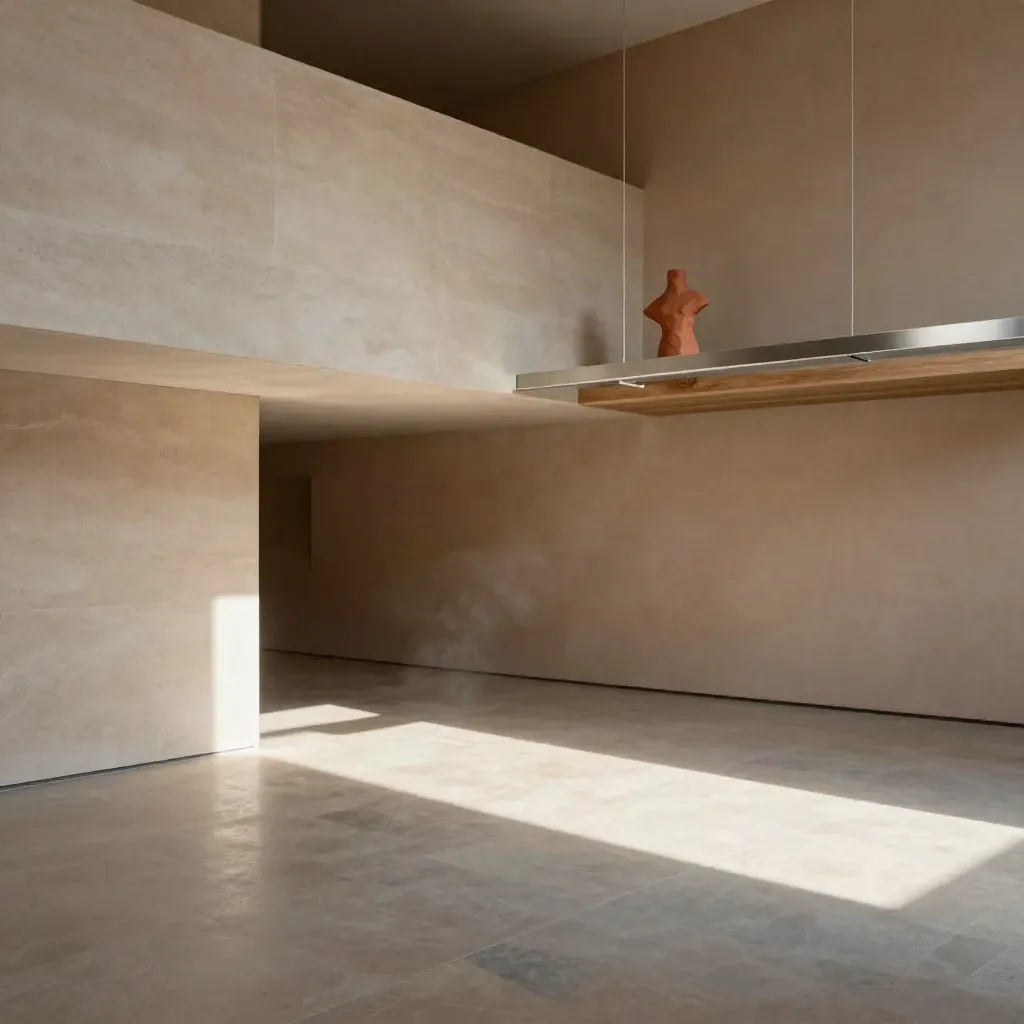 Sunlit stone gallery interior with terracotta accent and calm open space for copy.