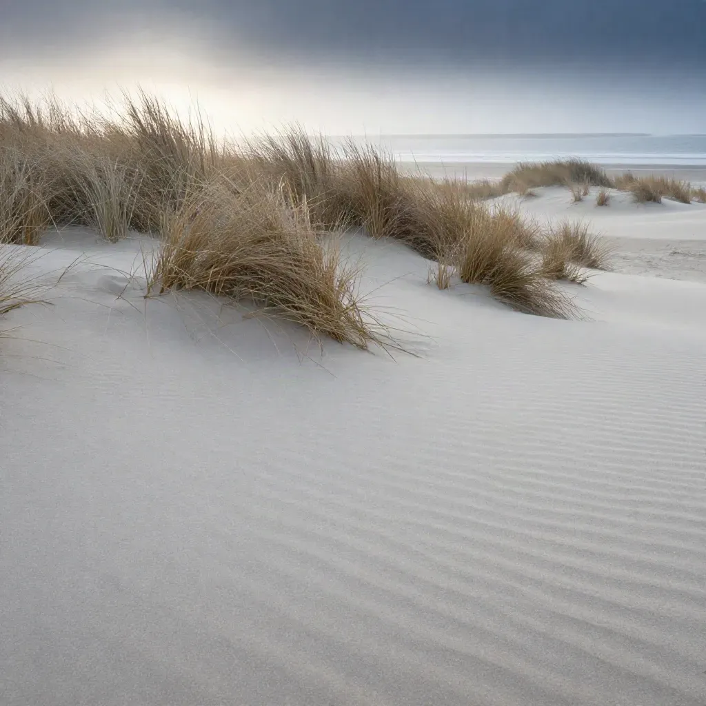 Coastal dune grasses over pale sand with a blurred sea horizon and open space for copy.