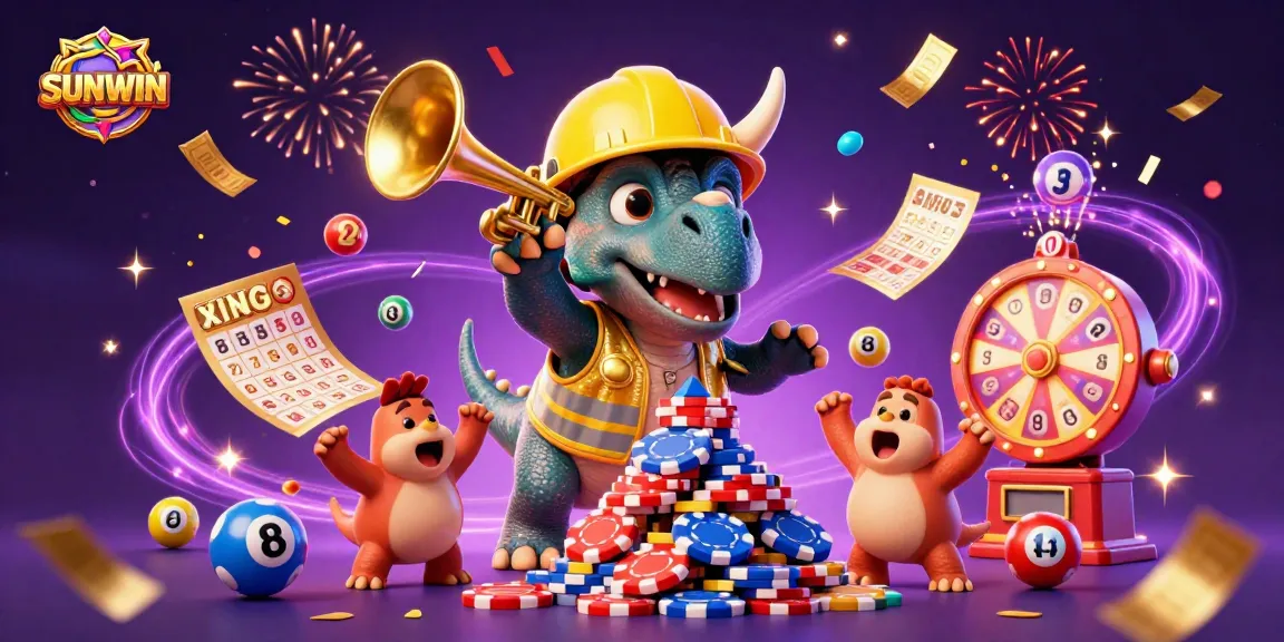 SUNWIN casino action features a cheerful triceratops stacking poker chips with festive elements in a lively gaming scene.