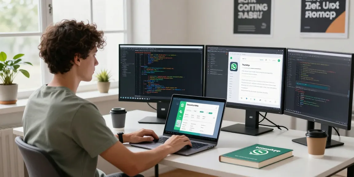 Developer using WhatsApp下載 on laptop in modern workspace with bright natural light.