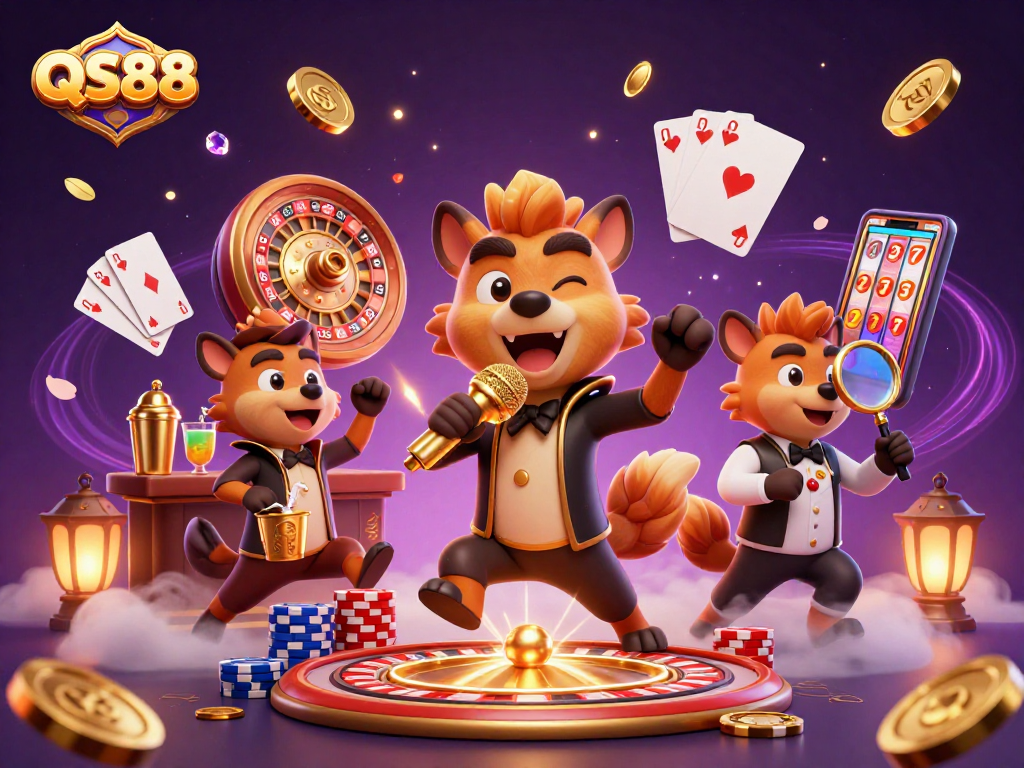 QS88 hyenas entertain in a vibrant casino scene filled with gold coins and sparkling gems