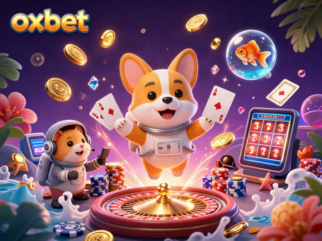 Experience the excitement of oxbet with a vibrant 3D scene featuring a floating astronaut corgi in a casino.
