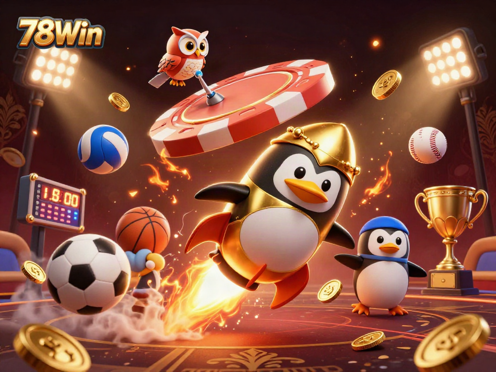 Experience thrilling gameplay with the 78Win casino scene featuring a dynamic golden penguin in space.