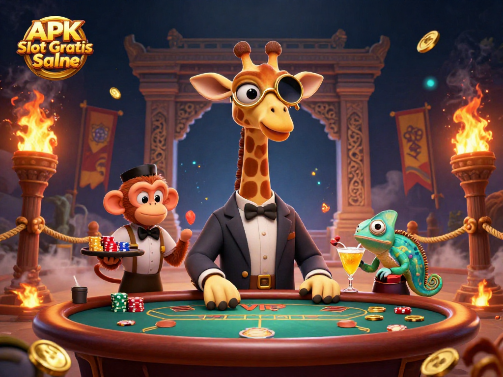 Engage with APK Slot Gratis Saldo at a vibrant casino scene featuring a giraffe high-roller, monkey valet, and chameleon bartender.