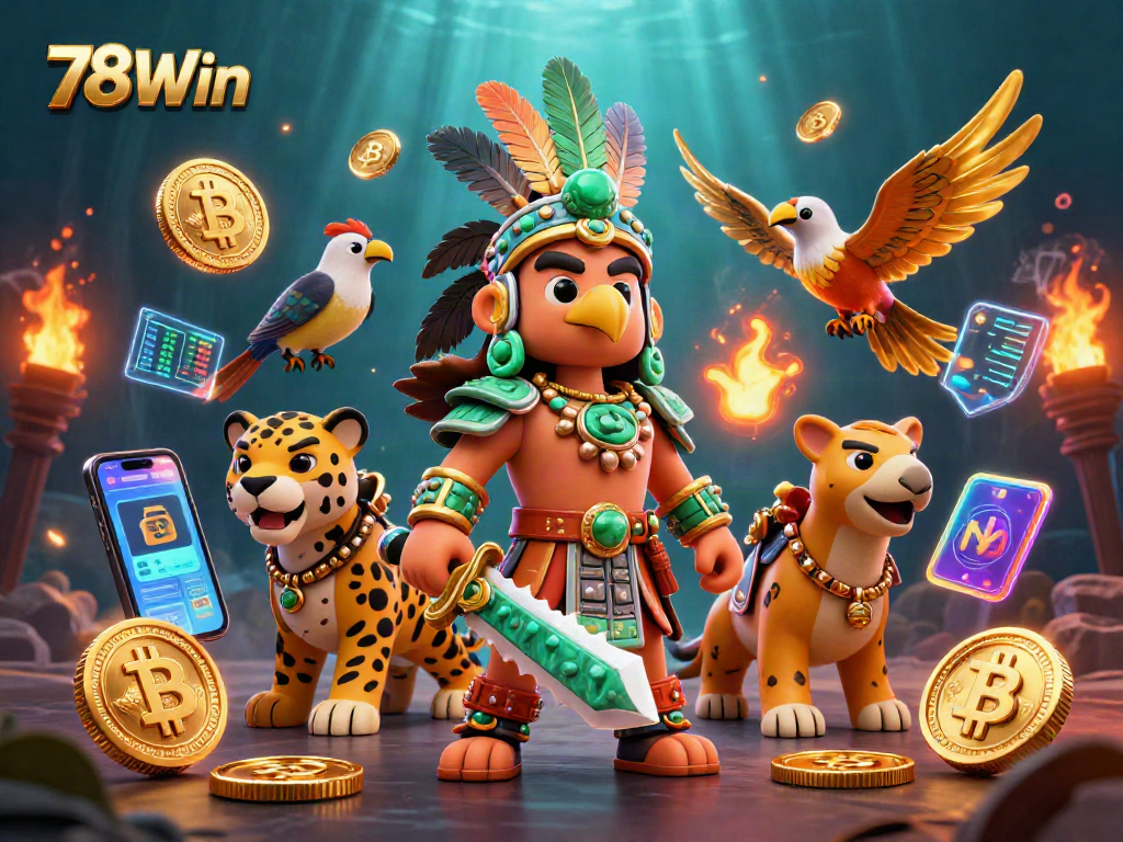 Engage with 78Win's dynamic gaming scene featuring Aztec warriors amidst glowing crypto elements.