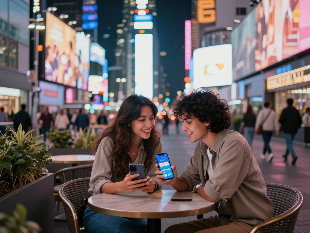 Couple using sex ai dating app in vibrant urban nightlife.