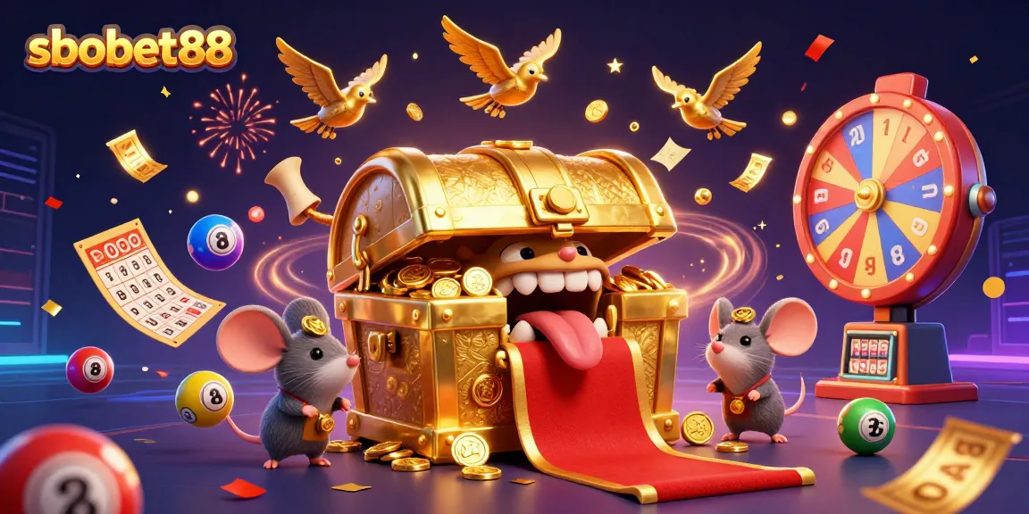 Engage in sbobet88 gaming thrills as treasure chests and lottery elements surround adventurous mice.
