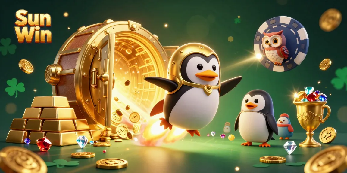 Experience the excitement of Sun Win with a golden penguin racing to a casino while treasures burst forth, enriching the adventure.