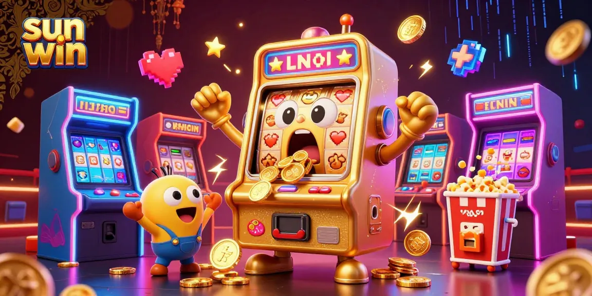 Experience sun win excitement with a golden slot machine hitting a jackpot amidst cheering mini machines.