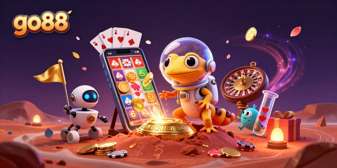 Join the excitement at Go88's golden casino while a Martian gecko uncovers treasures.