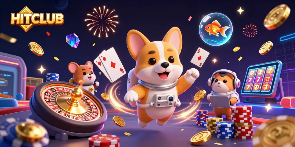 Experience HITCLUB's thrilling gaming action with a 3D astronaut corgi and exciting casino elements.